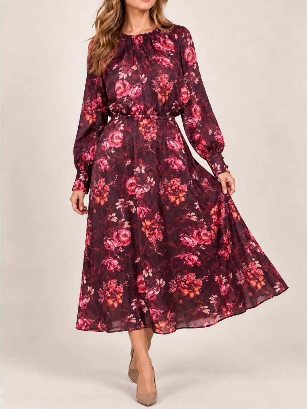 Alex Marie Floral Midi Dress Long Sleeve Elastic Waist Burgundy Size 12